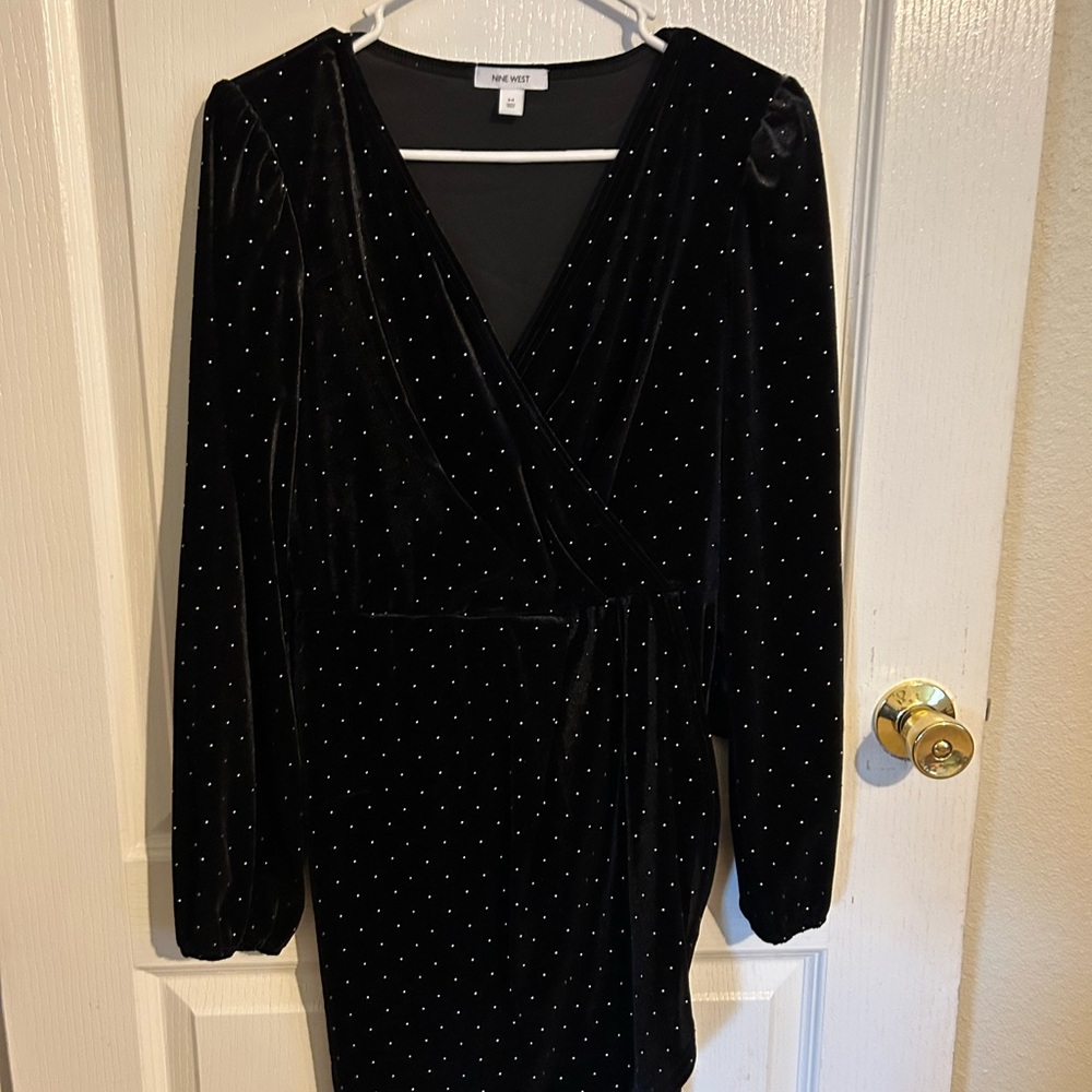 Nine West Black Velvet Wrap Dress with Sparkle Studs